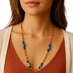 Vtg Y2K Multicolor Beaded Necklace w/ Painted Ceramic & Wooden Beads 20” Boho